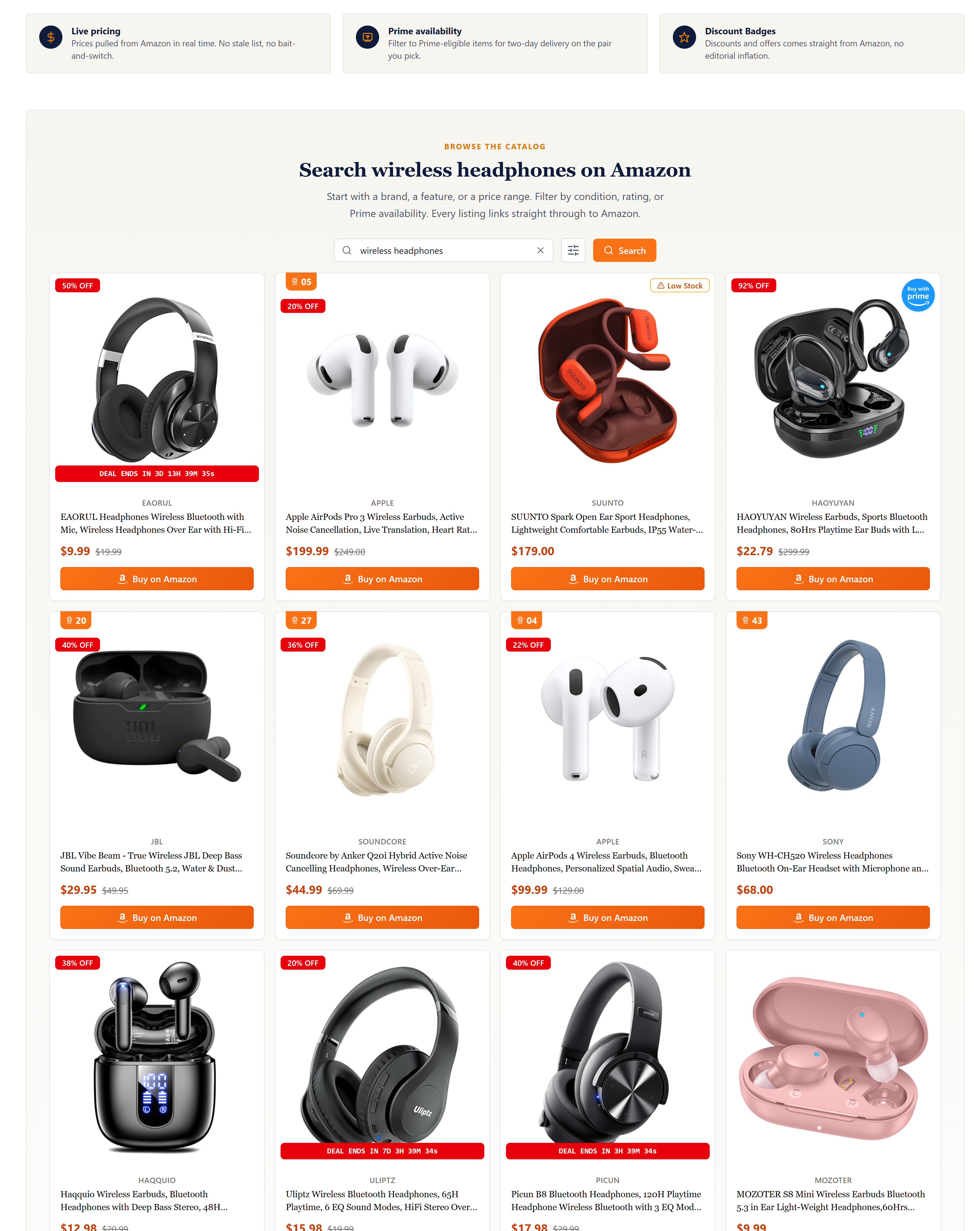 PaapiPlugin in action: live Amazon search on a WordPress site with feature callouts (Live pricing, Prime availability, Discount Badges), an example query Search wireless headphones on Amazon, the full filter row, and a grid of 8 product cards with prices and Buy-on-Amazon CTAs