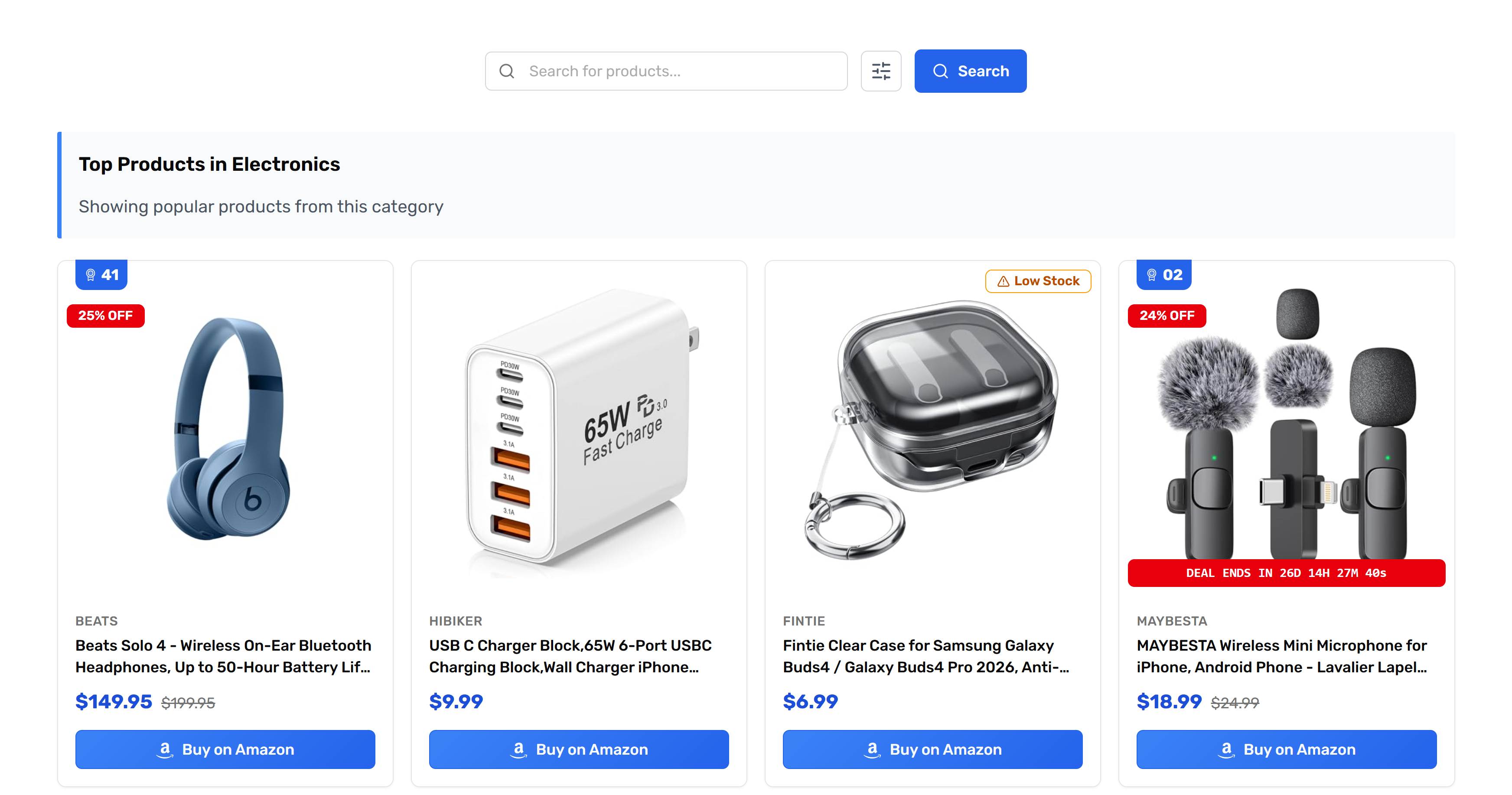 PaapiPlugin in context: search bar above a Top Products in Electronics category page with four live product cards