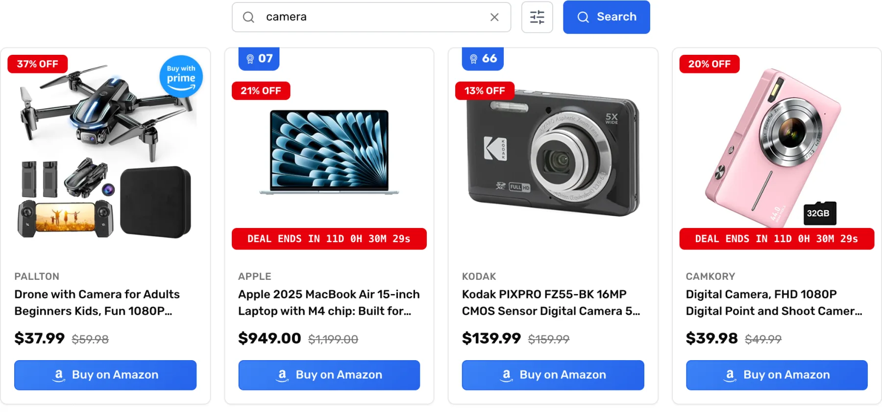 PaapiPlugin live Amazon search on the demo page: a search for camera returns product cards with photos, brands, current and list prices, discount badges, deal countdowns and Buy on Amazon buttons