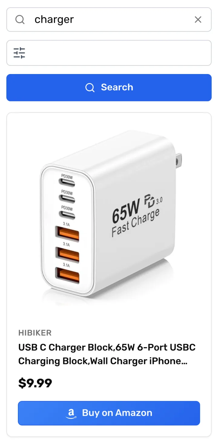 The same PaapiPlugin live search on a phone: a search for charger shows a full-width product card with its price and a Buy on Amazon button
