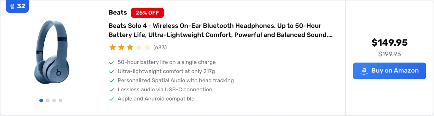 A PaapiPlugin horizontal product box for Beats Solo 4 headphones with an image carousel, star rating, feature bullets, a discount badge, the price and a Buy on Amazon button