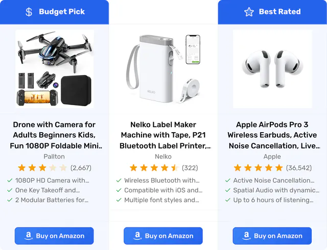 A comparison table with three products side by side