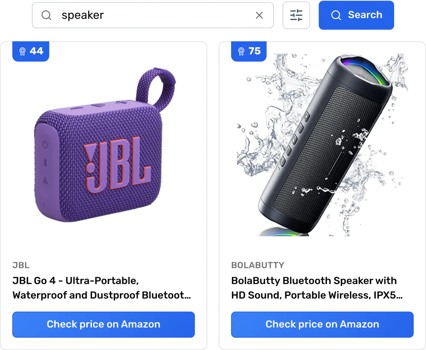 Live search results for speaker, showing two Amazon product cards